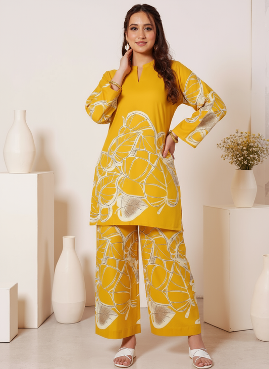 Soft Cotton Placement Print Straight Yellow Kurta