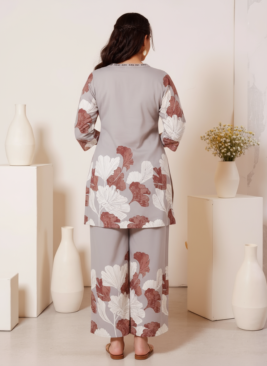 Soft Cotton Placement Print Straight Grey Kurta