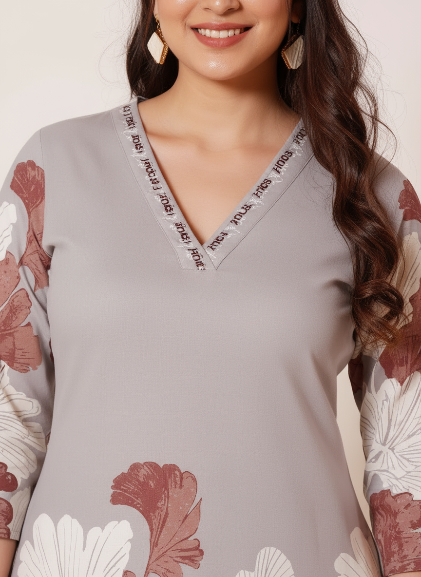 Soft Cotton Placement Print Straight Grey Kurta