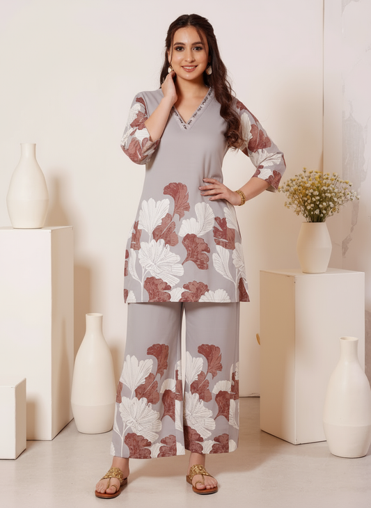 Soft Cotton Placement Print Straight Grey Kurta