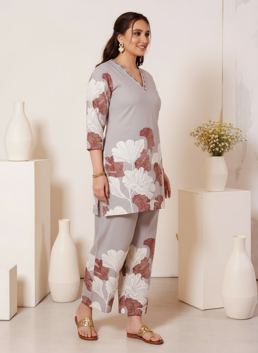 Soft Cotton Placement Print Straight Grey Kurta