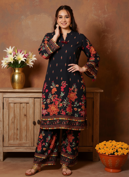Viscose Placement Print Straight Black Kurta