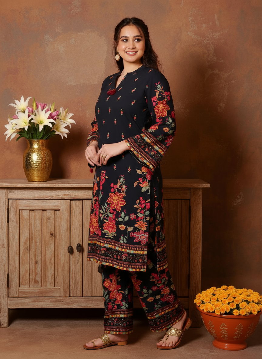 Viscose Placement Print Straight Black Kurta