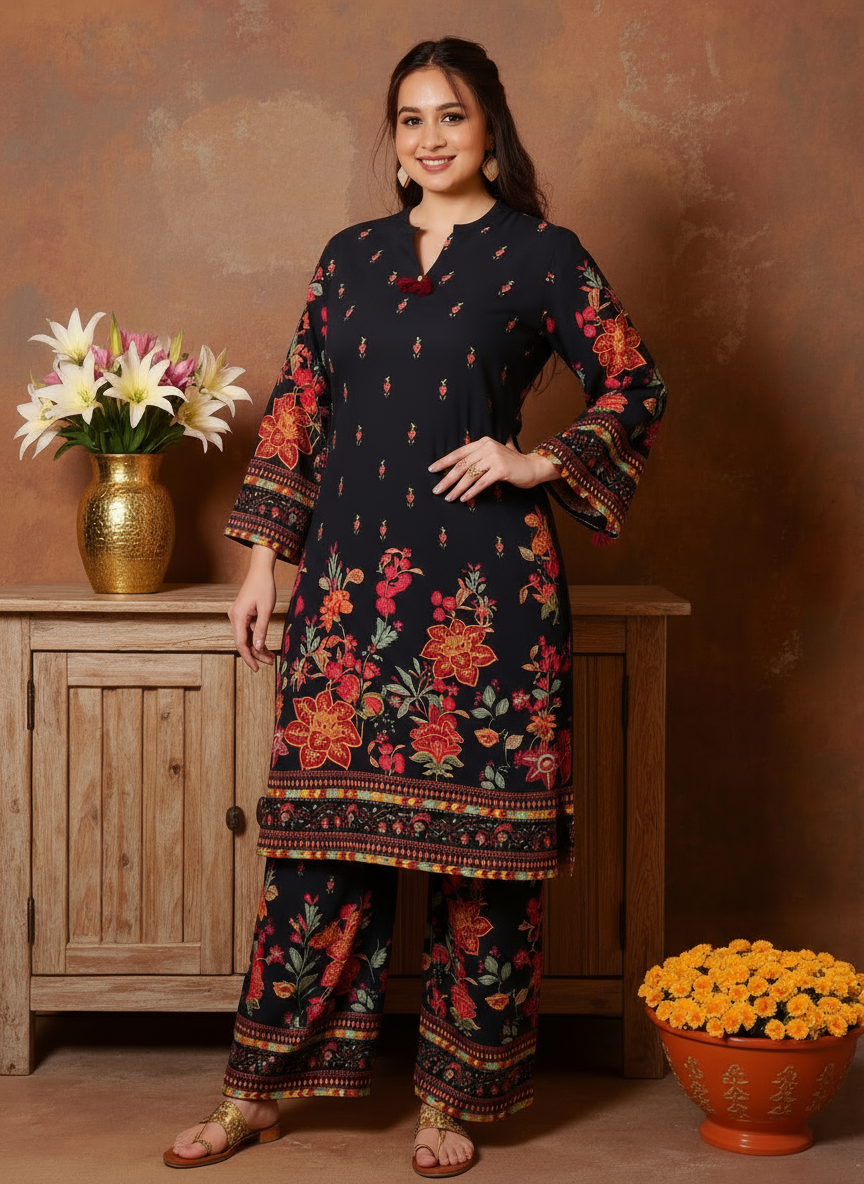 Viscose Placement Print Straight Black Kurta