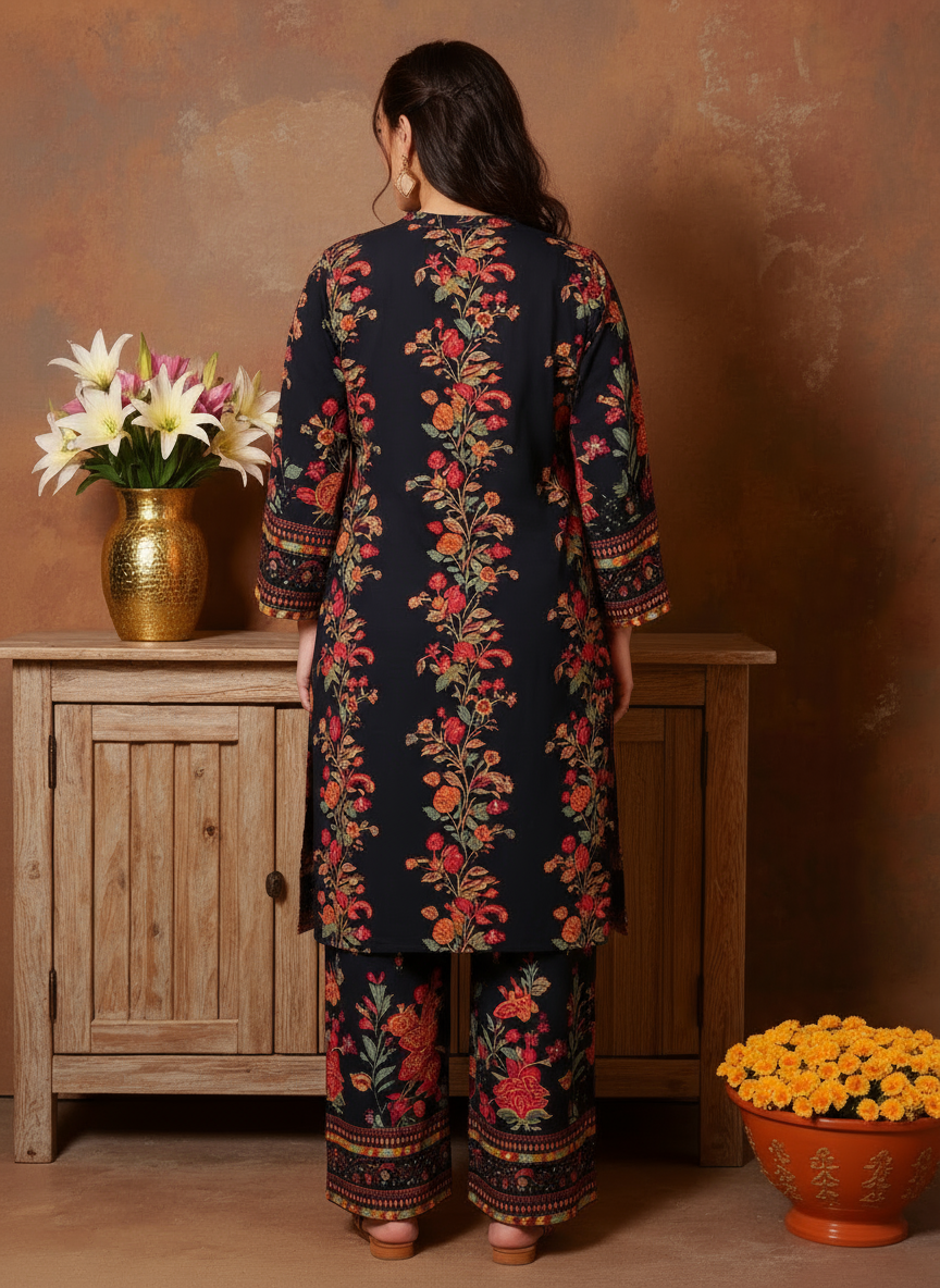 Viscose Placement Print Straight Black Kurta