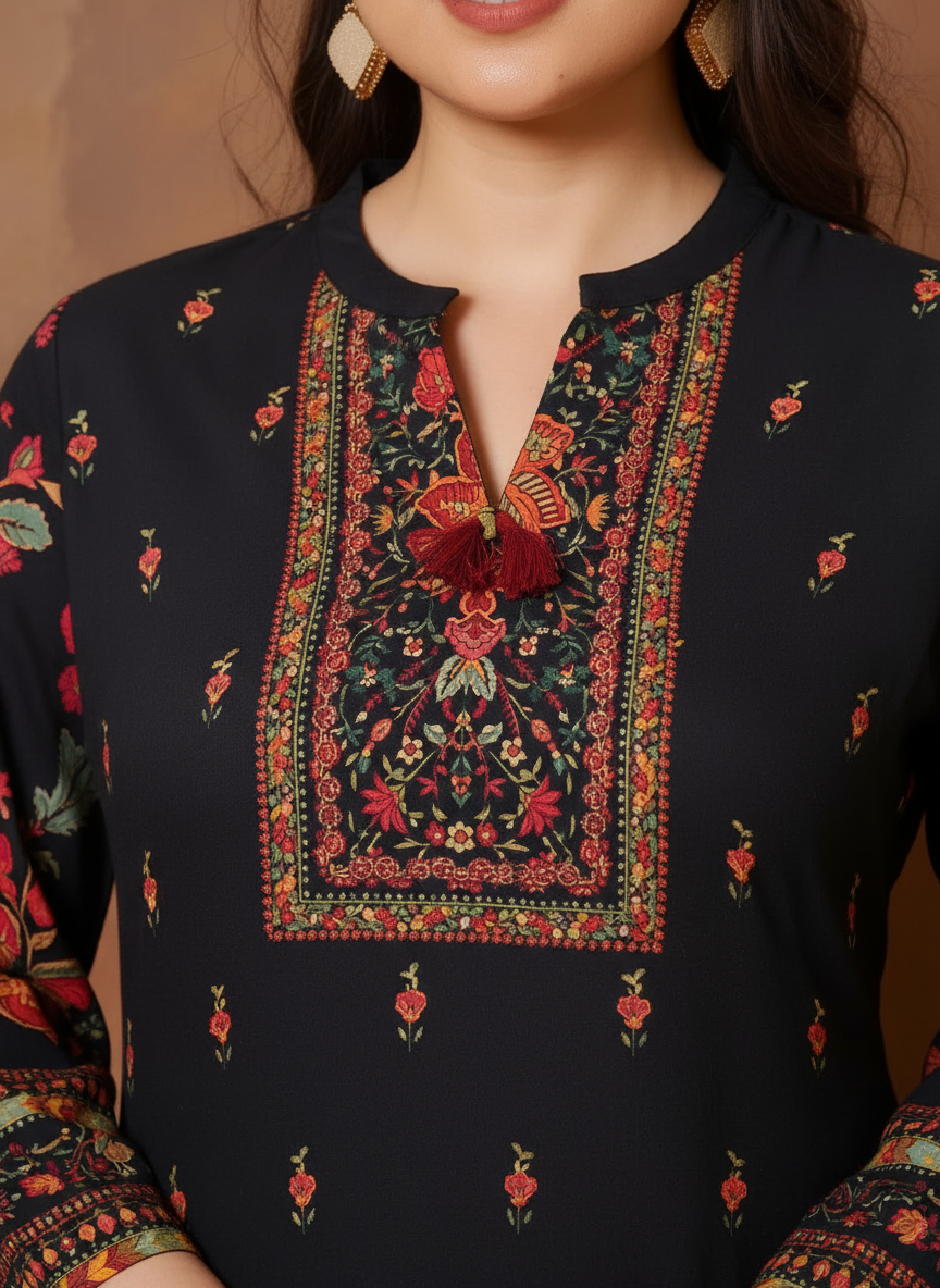 Viscose Placement Print Straight Black Kurta