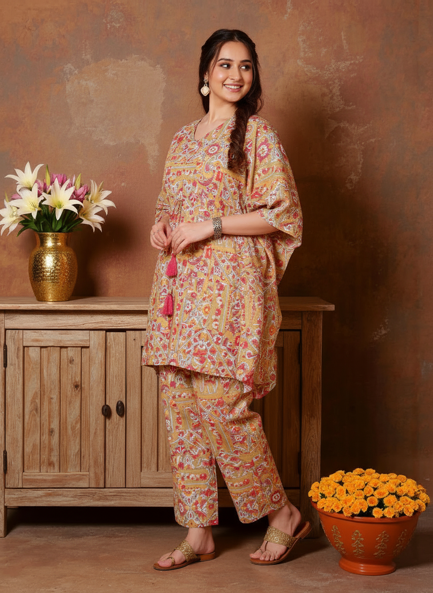 Soft Cotton Patchwork Kaftan Green Kurta