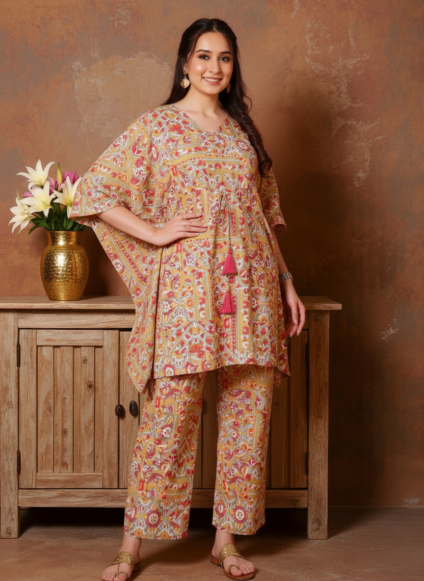 Soft Cotton Patchwork Kaftan Green Kurta