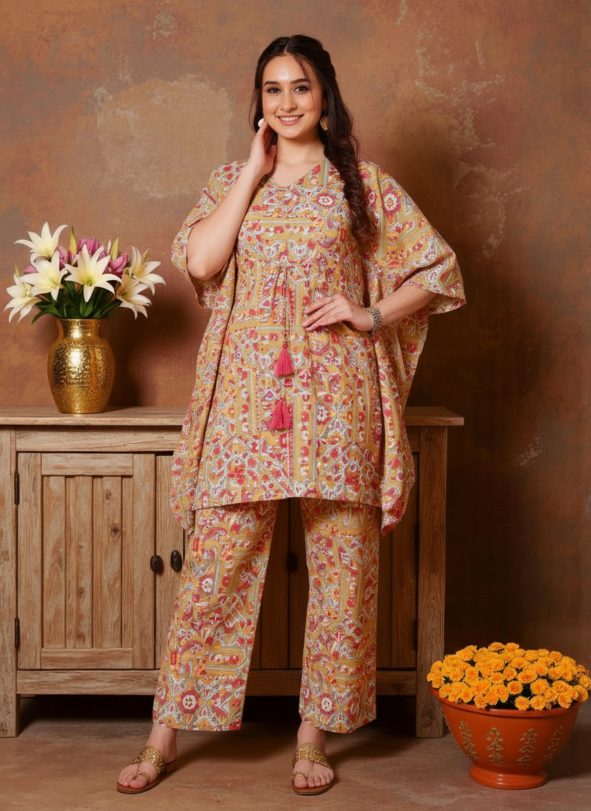 Soft Cotton Patchwork Kaftan Green Kurta