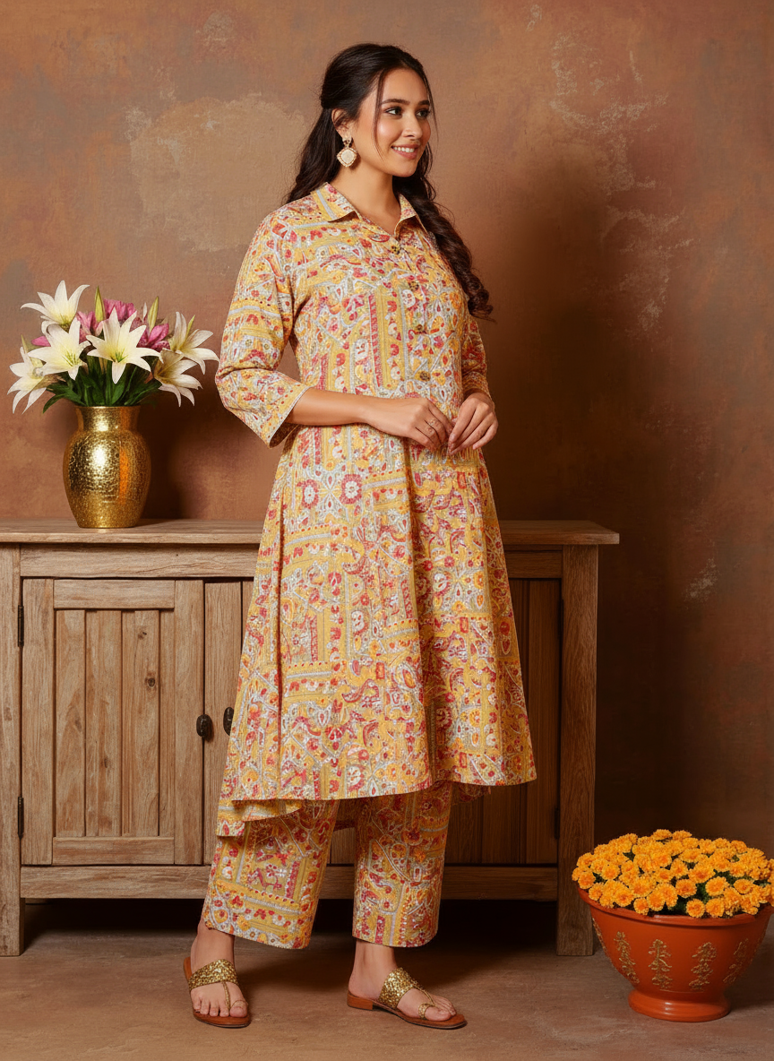Soft Cotton Patchwork High Low Green Kurta