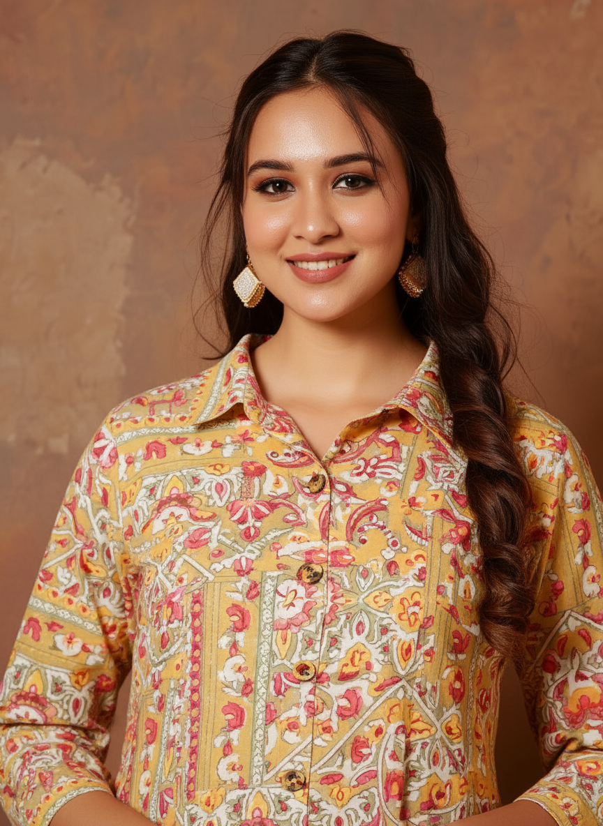 Soft Cotton Patchwork High Low Green Kurta