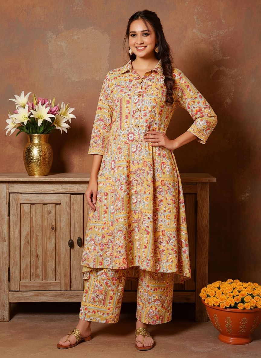 Soft Cotton Patchwork High Low Green Kurta