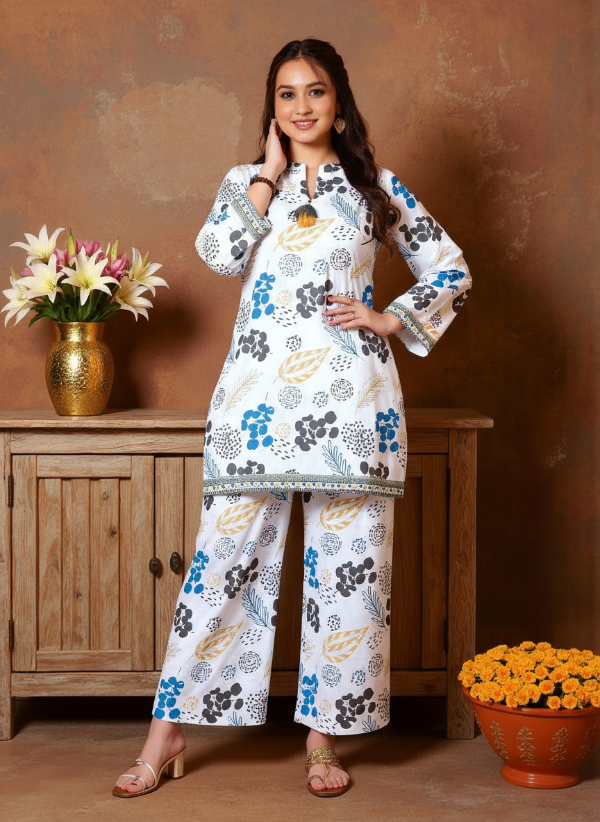 Soft Cotton Floral Straight White Kurta