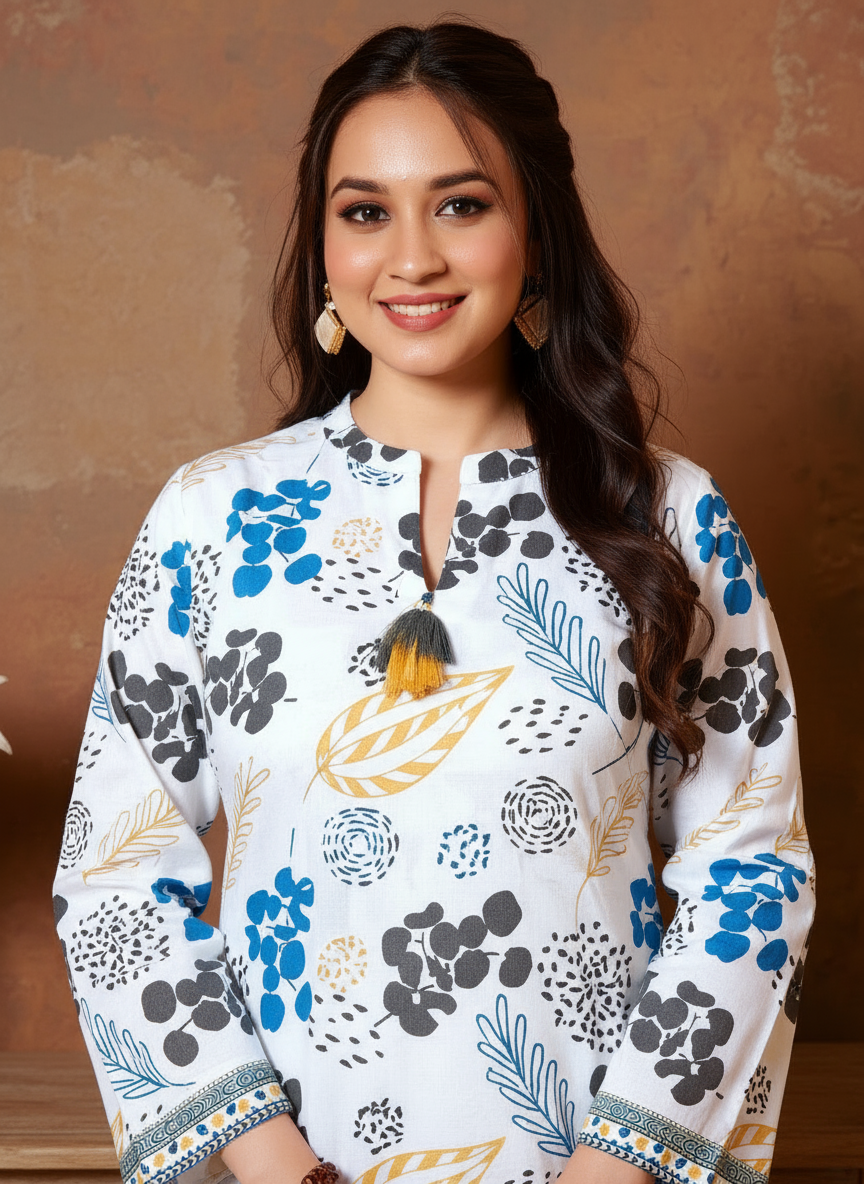 Soft Cotton Floral Straight White Kurta