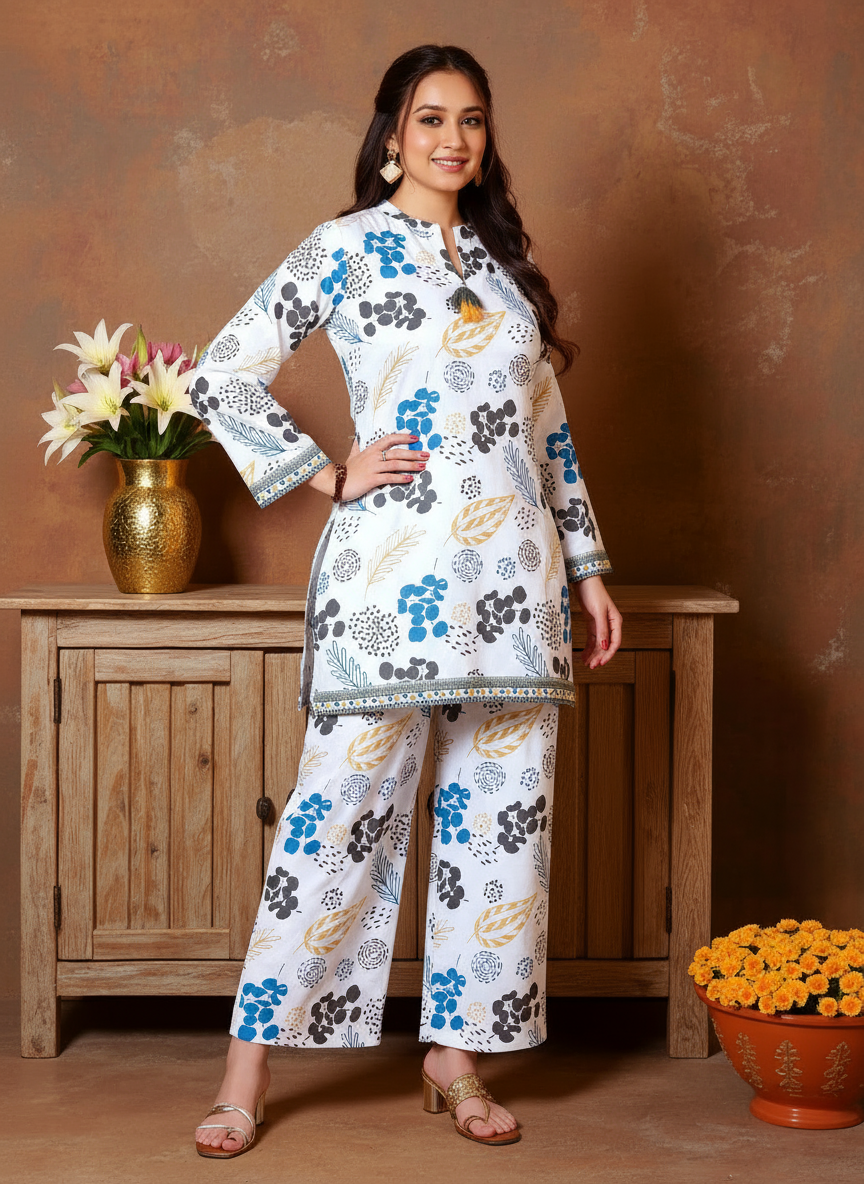 Soft Cotton Floral Straight White Kurta