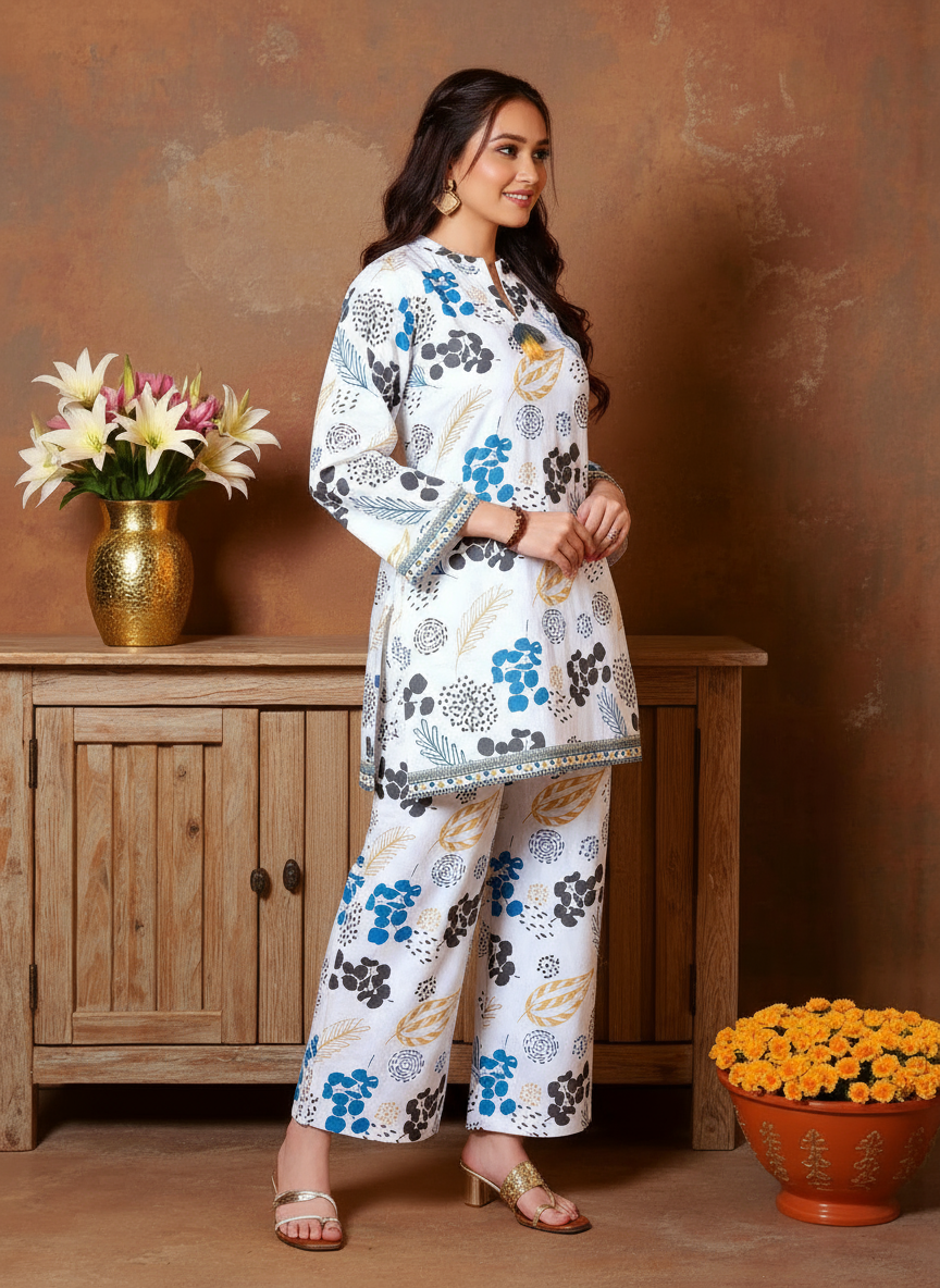 Soft Cotton Floral Straight White Kurta