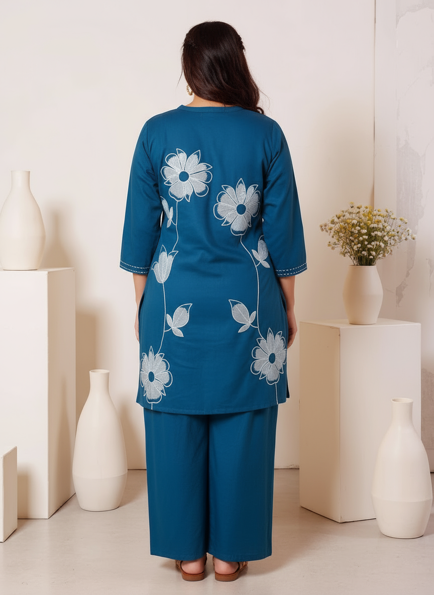 Embroidered Soft Cotton Solid Straight Teal Kurta