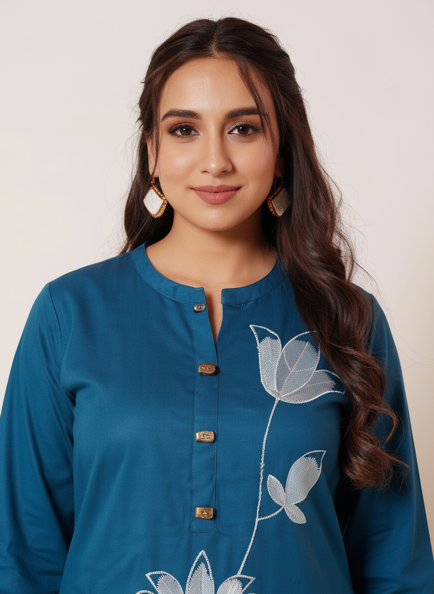 Embroidered Soft Cotton Solid Straight Teal Kurta