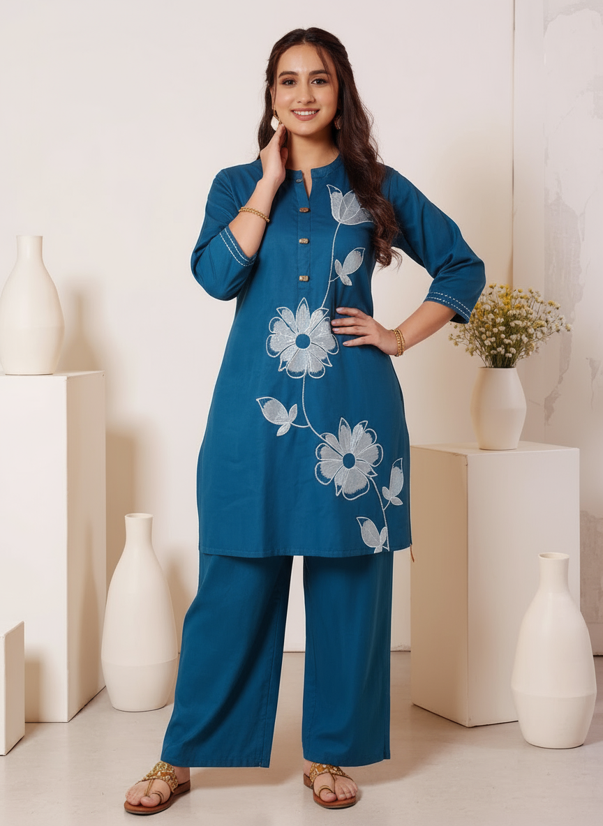 Embroidered Soft Cotton Solid Straight Teal Kurta