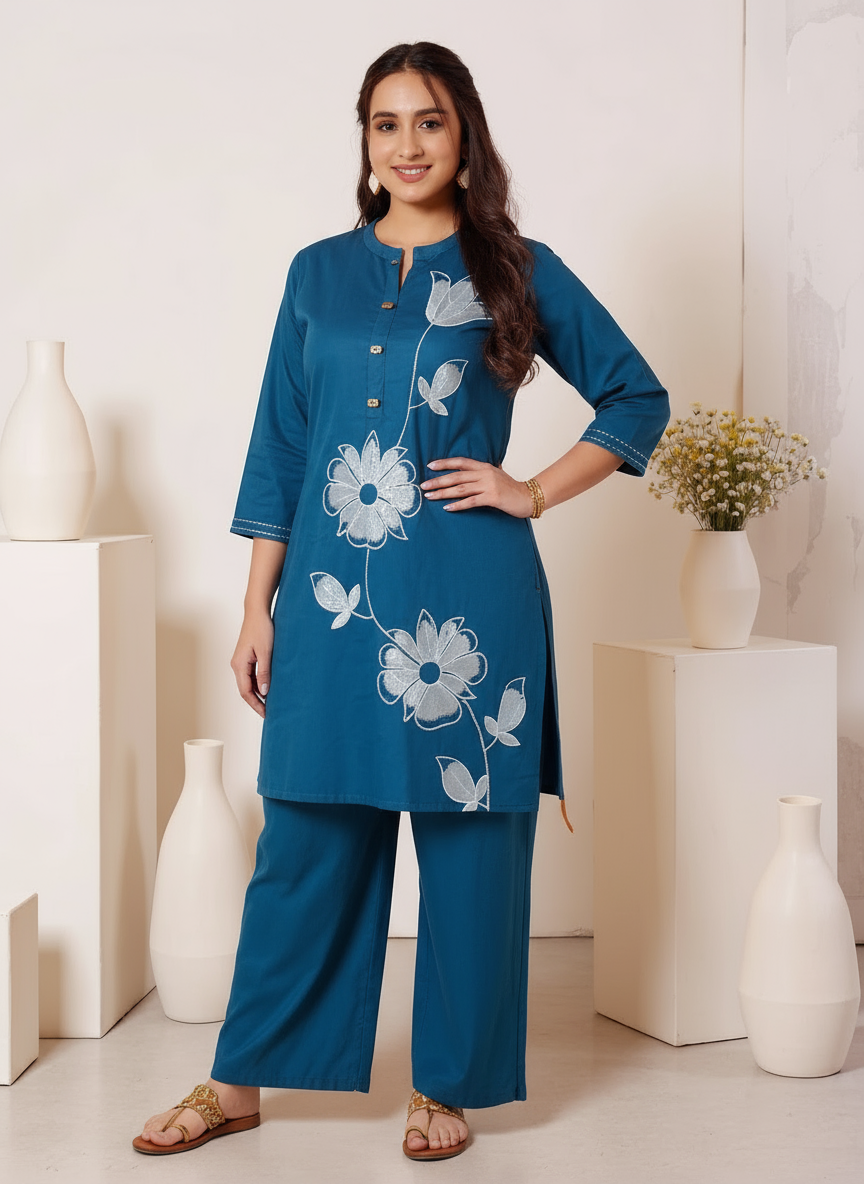 Embroidered Soft Cotton Solid Straight Teal Kurta