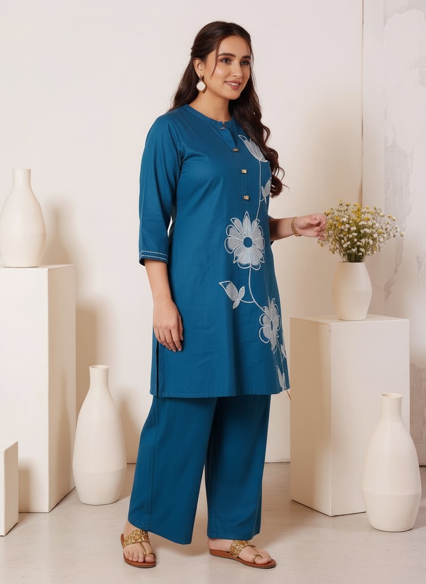 Embroidered Soft Cotton Solid Straight Teal Kurta