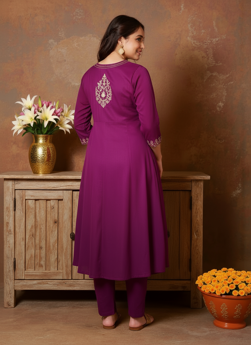 Embroidered Viscose Solid Flared Purple Kurta