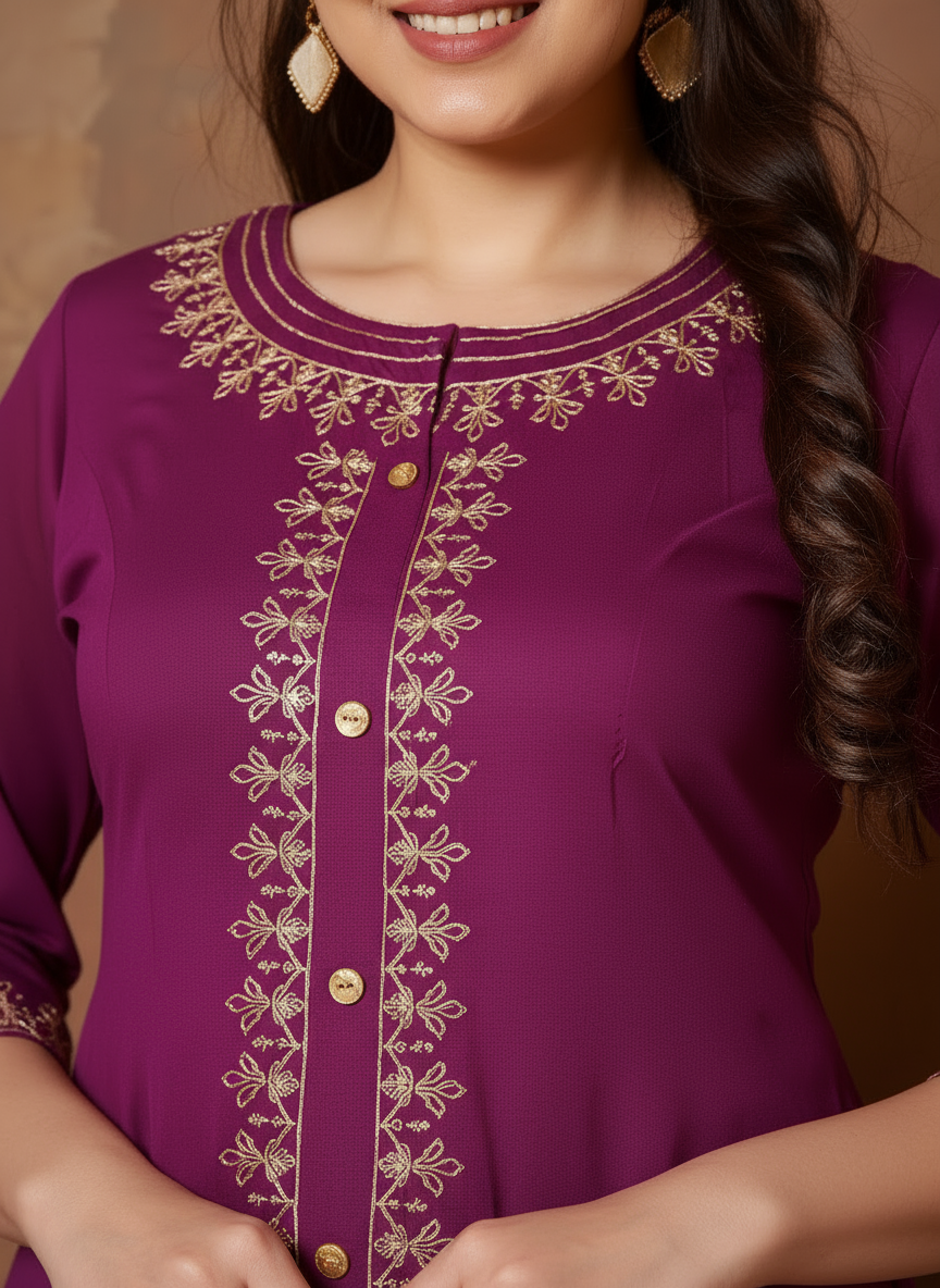 Embroidered Viscose Solid Flared Purple Kurta