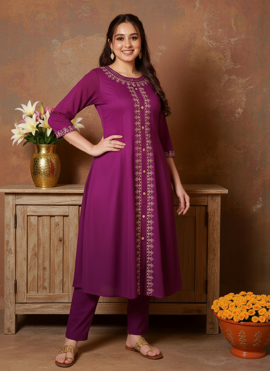 Embroidered Viscose Solid Flared Purple Kurta