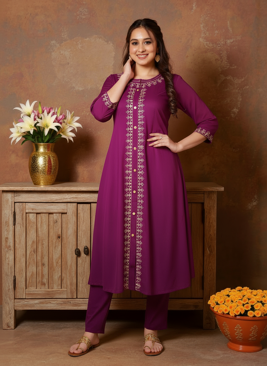 Embroidered Viscose Solid Flared Purple Kurta