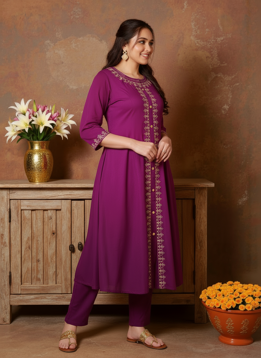 Embroidered Viscose Solid Flared Purple Kurta