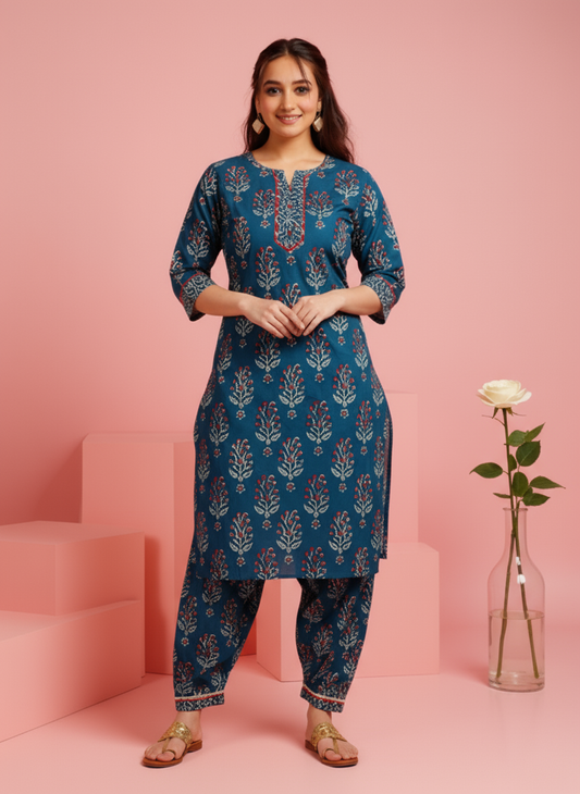 Soft Cotton Floral Straight Blue Kurta