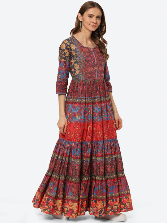 Biba Women Red & Blue Ethnic Motifs Printed Cotton A-Line Ethnic Dress