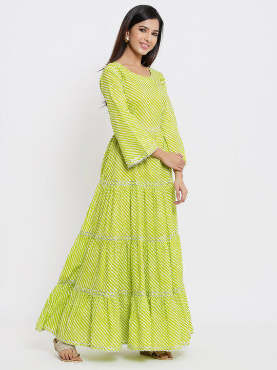 Indian Virasat Women Green Striped Ethnic Maxi Dress