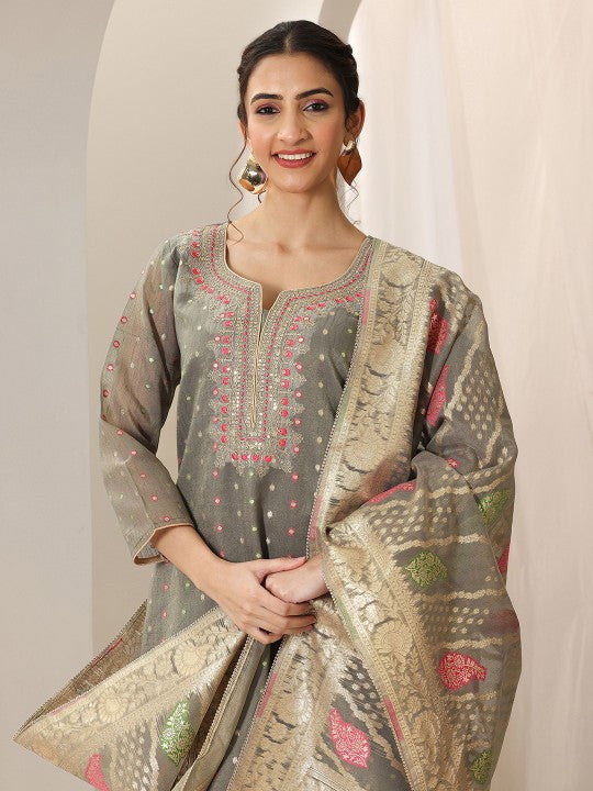 Floral Woven Design Notch Neck Chanderi Silk Straight Kurta