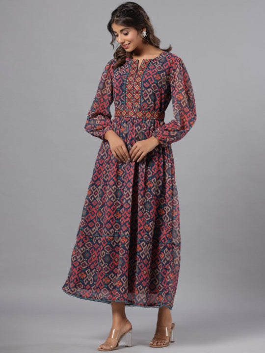 Printed Puff Sleeves Maxi Ethnic Dresses With Matching Belt