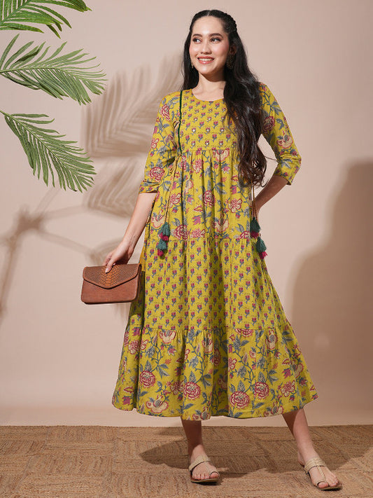 Globus Floral Printed Abla Work Waist Tie-Up Detailing A-Line Tiered Midi Workwear Dress