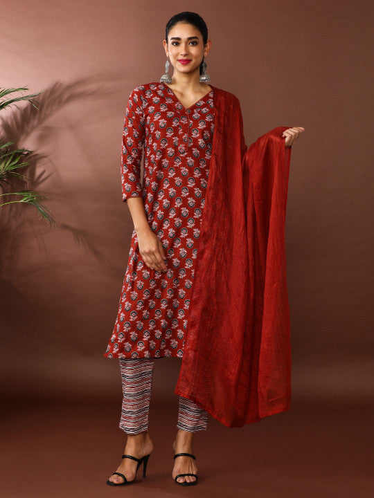 Jaipur Kurti Floral Printed V-Neck Pure Cotton Straight Kurta With Trousers & Dupatta