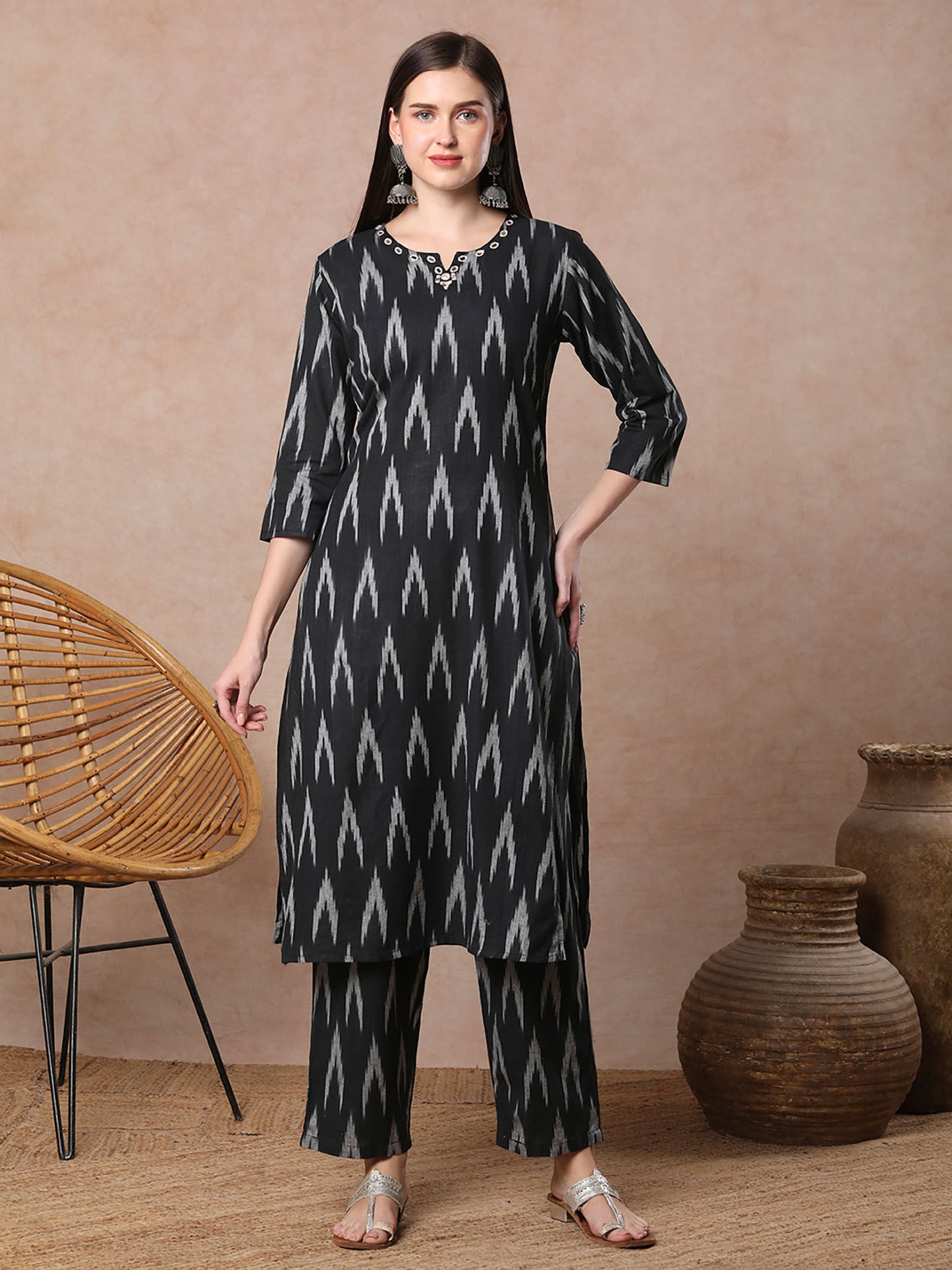 Black Ikat Printed Mirror Work Straight Fit Co-Ord (Set of 2)