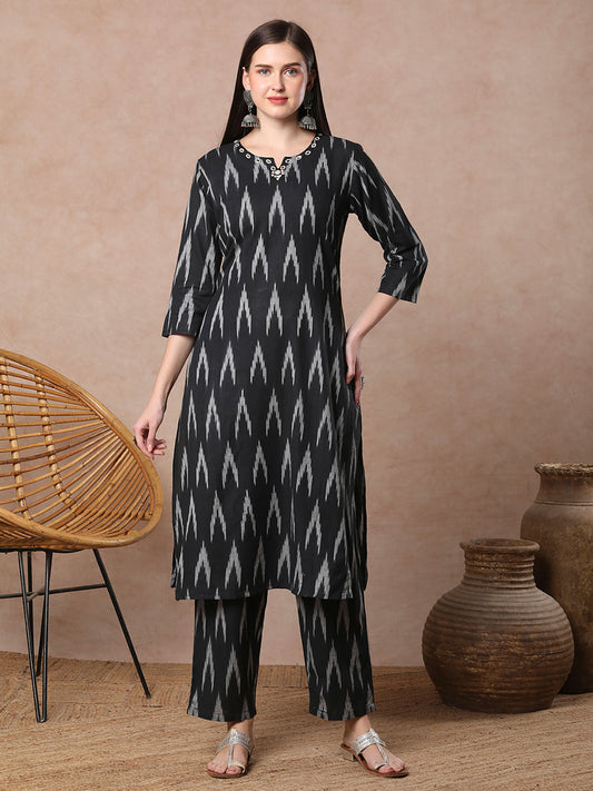 Black Ikat Printed Mirror Work Straight Fit Co-Ord (Set of 2)