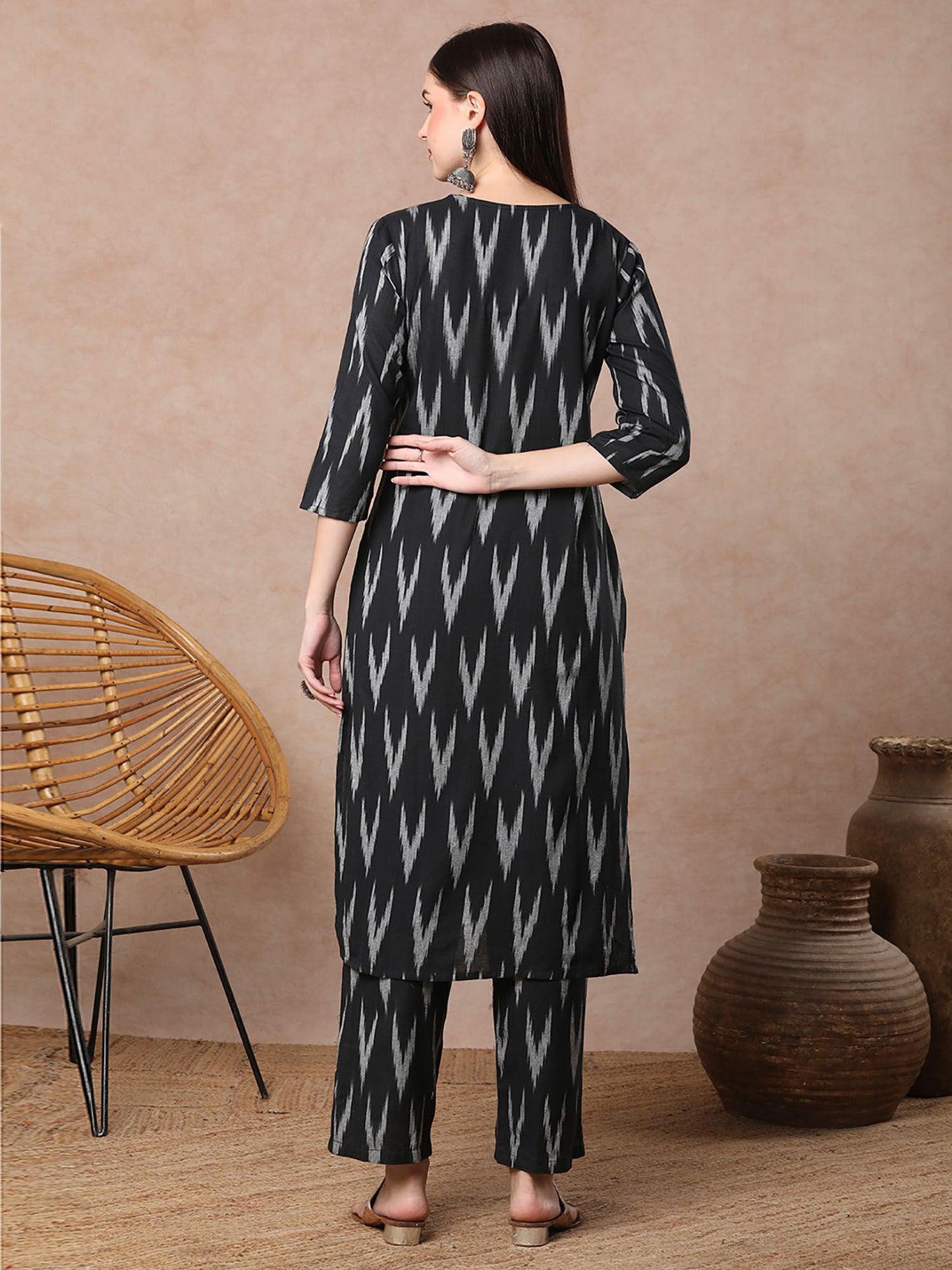 Black Ikat Printed Mirror Work Straight Fit Co-Ord (Set of 2)
