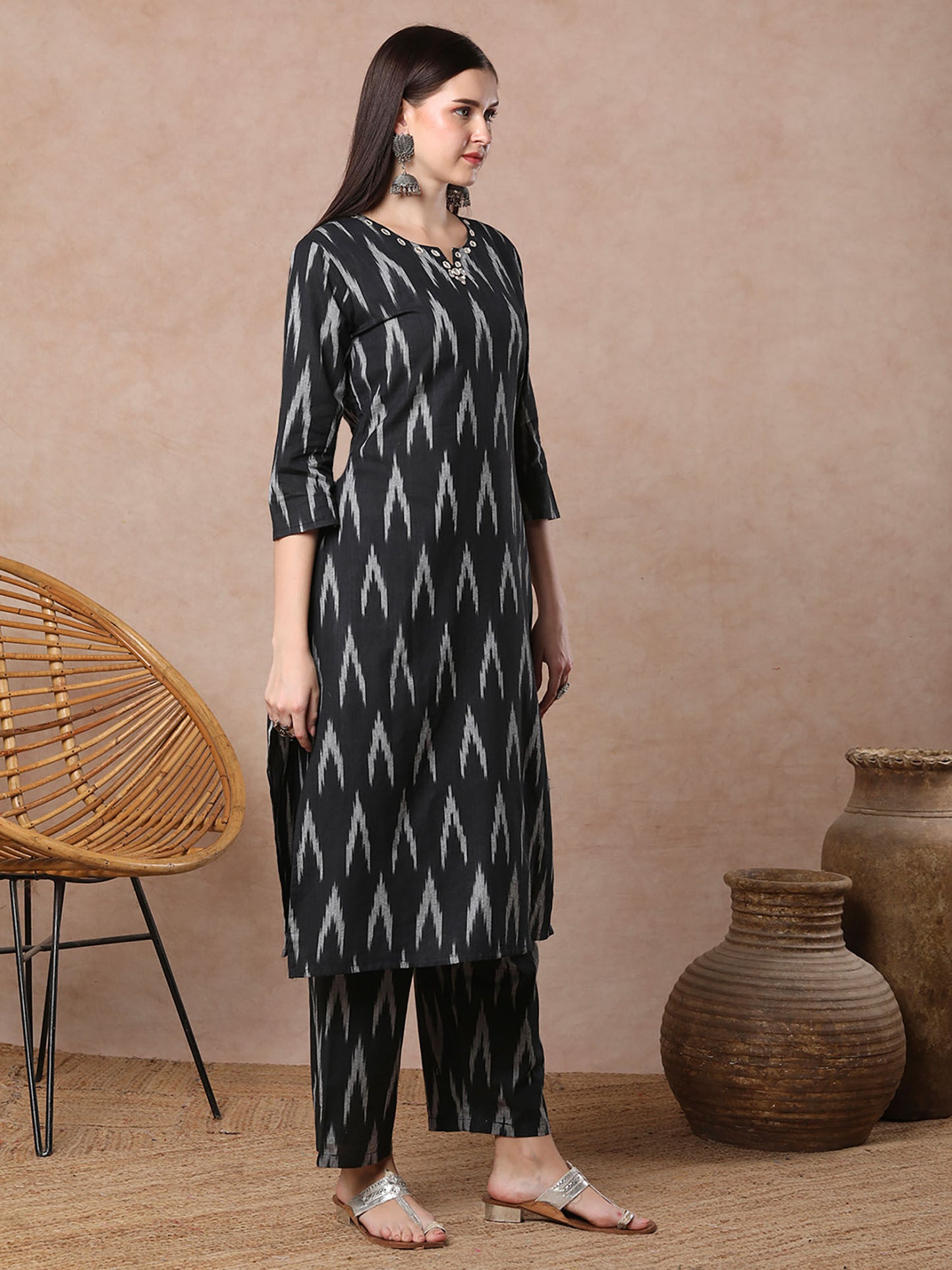 Black Ikat Printed Mirror Work Straight Fit Co-Ord (Set of 2)