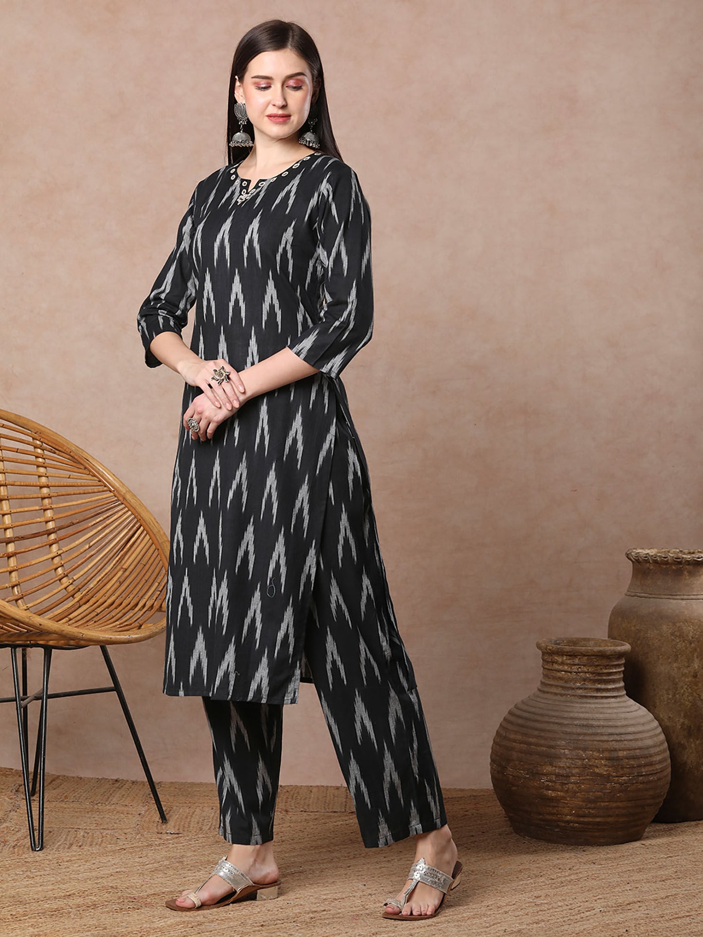Black Ikat Printed Mirror Work Straight Fit Co-Ord (Set of 2)