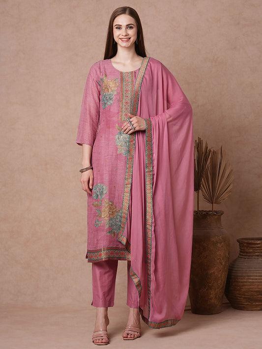 Floral Printed Straight Fit Kurta with Pant and Dupatta (Set of 3)