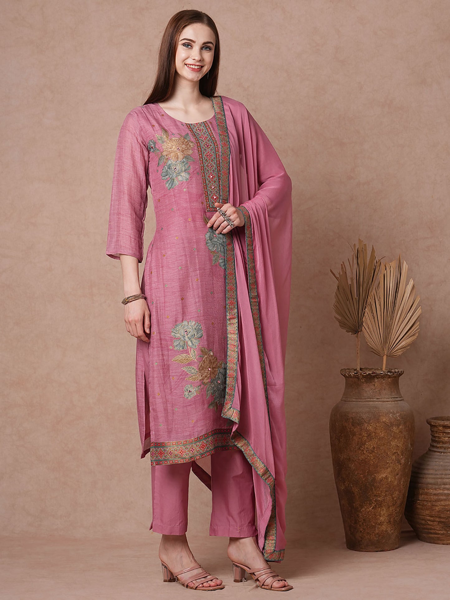Floral Printed Straight Fit Kurta with Pant and Dupatta (Set of 3)
