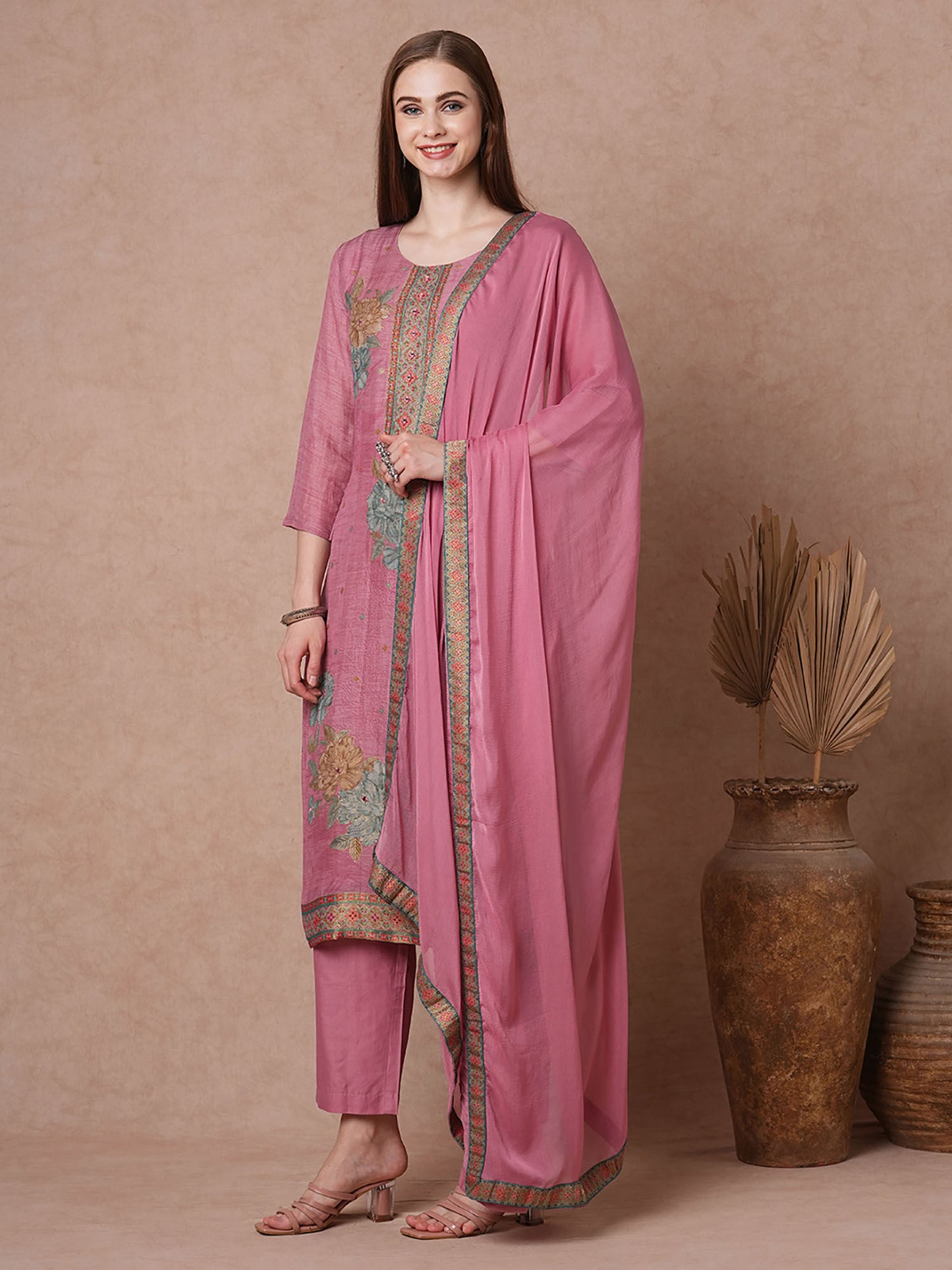 Floral Printed Straight Fit Kurta with Pant and Dupatta (Set of 3)