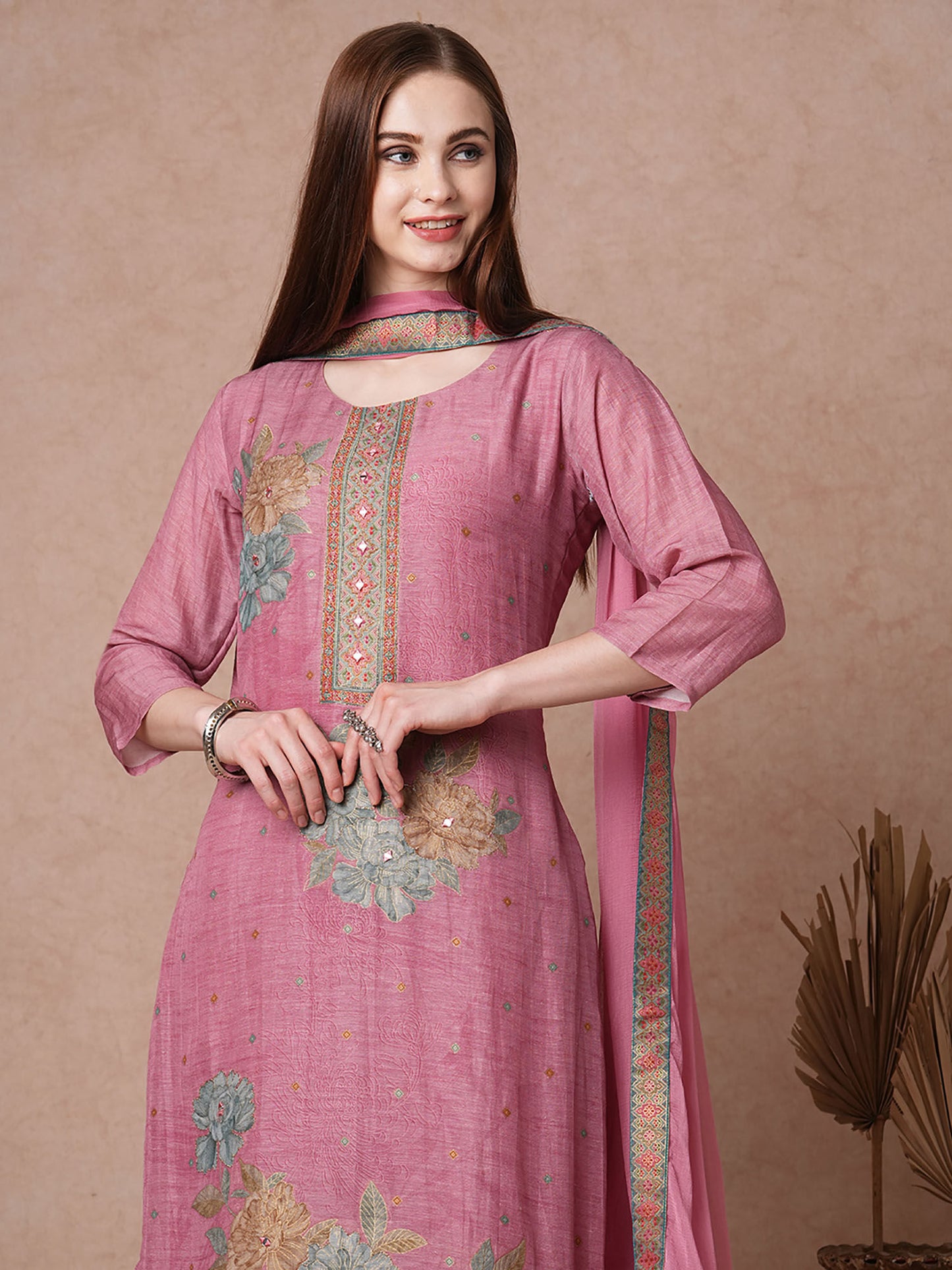 Floral Printed Straight Fit Kurta with Pant and Dupatta (Set of 3)