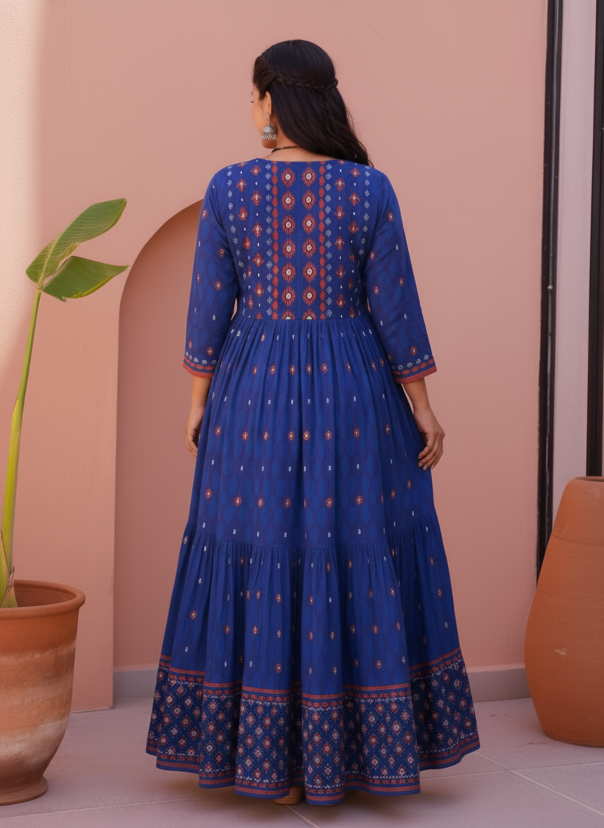 Viscose Placement Print Anarkali Blue Dress