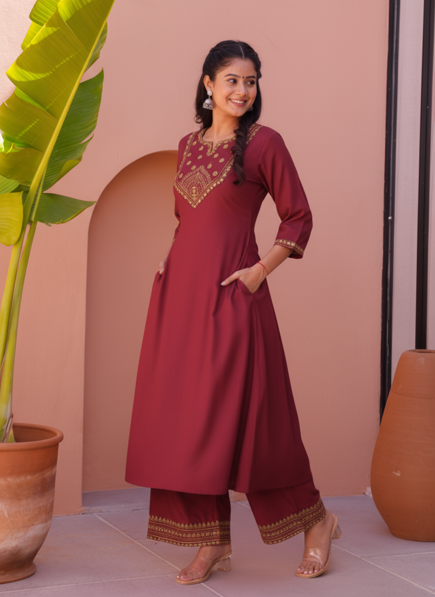 Embroidered Linen Cotton Solid Straight Rust Kurta