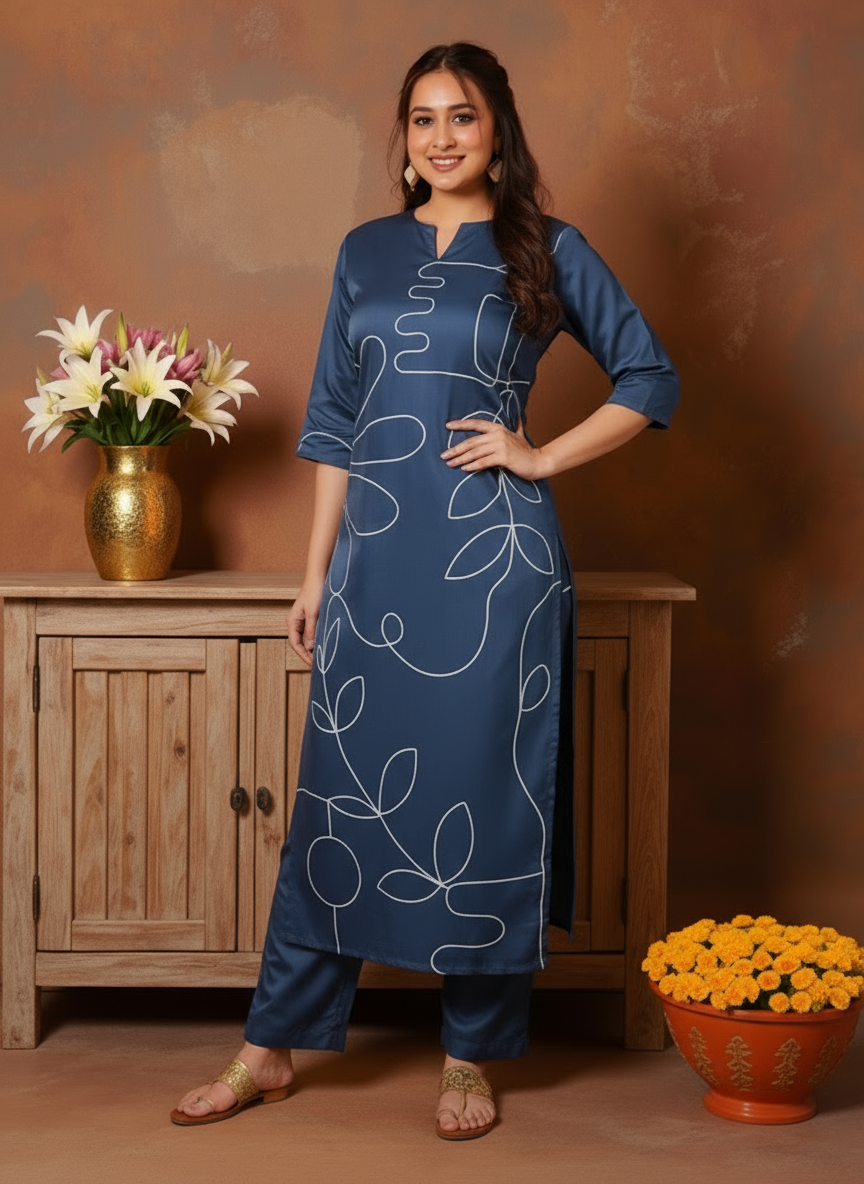 Embroidered Solid Straight Navy Blue Kurta