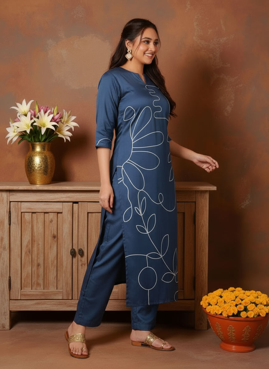 Embroidered Solid Straight Navy Blue Kurta